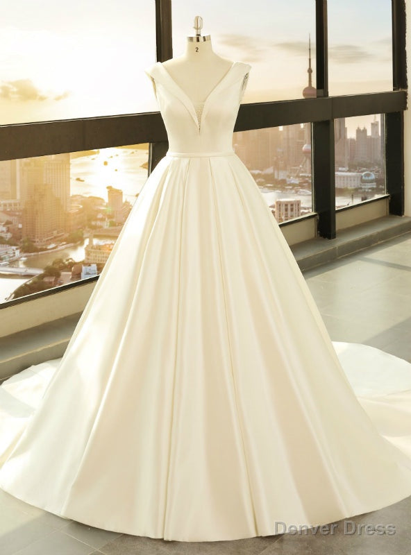White Satin Ball Gowns Deep V Neck Backless Wedding Dresses