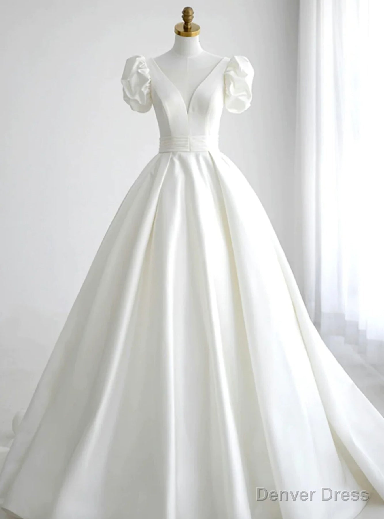 White Satin Bateau Neck Puff Sleeve Backless Wedding Dress Main image
