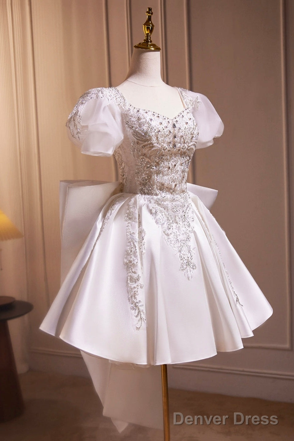White Satin Beaded Knee Length Prom Dress, Cute A-Line Short Sleeve Party Dress With Bow Secondary image