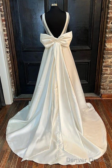 White Satin Crew Neck Bow Back A Line Wedding Dresses Pure Color Secondary image