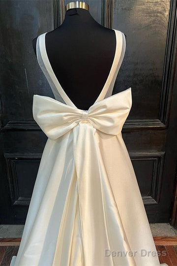 White Satin Crew Neck Bow Back A Line Wedding Dresses Pure Color