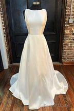 White Satin Crew Neck Bow-Back A-Line Wedding Dress Pure Color