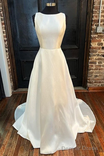 White Satin Crew Neck Bow Back A Line Wedding Dresses Pure Color Main image