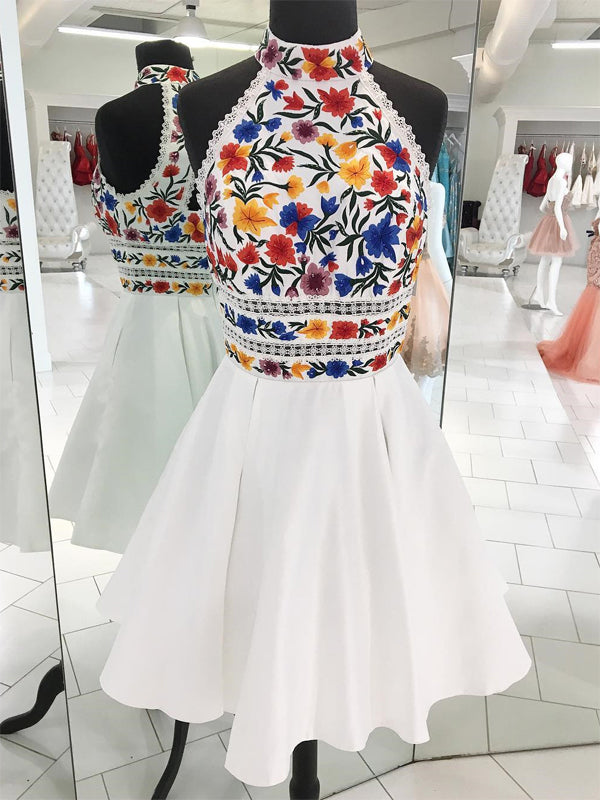 White Satin Embroidery High Neck Open Back Homecoming Dresses Main image