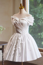 White Satin Knee Length Prom Dress, Off the Shoulder A Line Prom Dresses