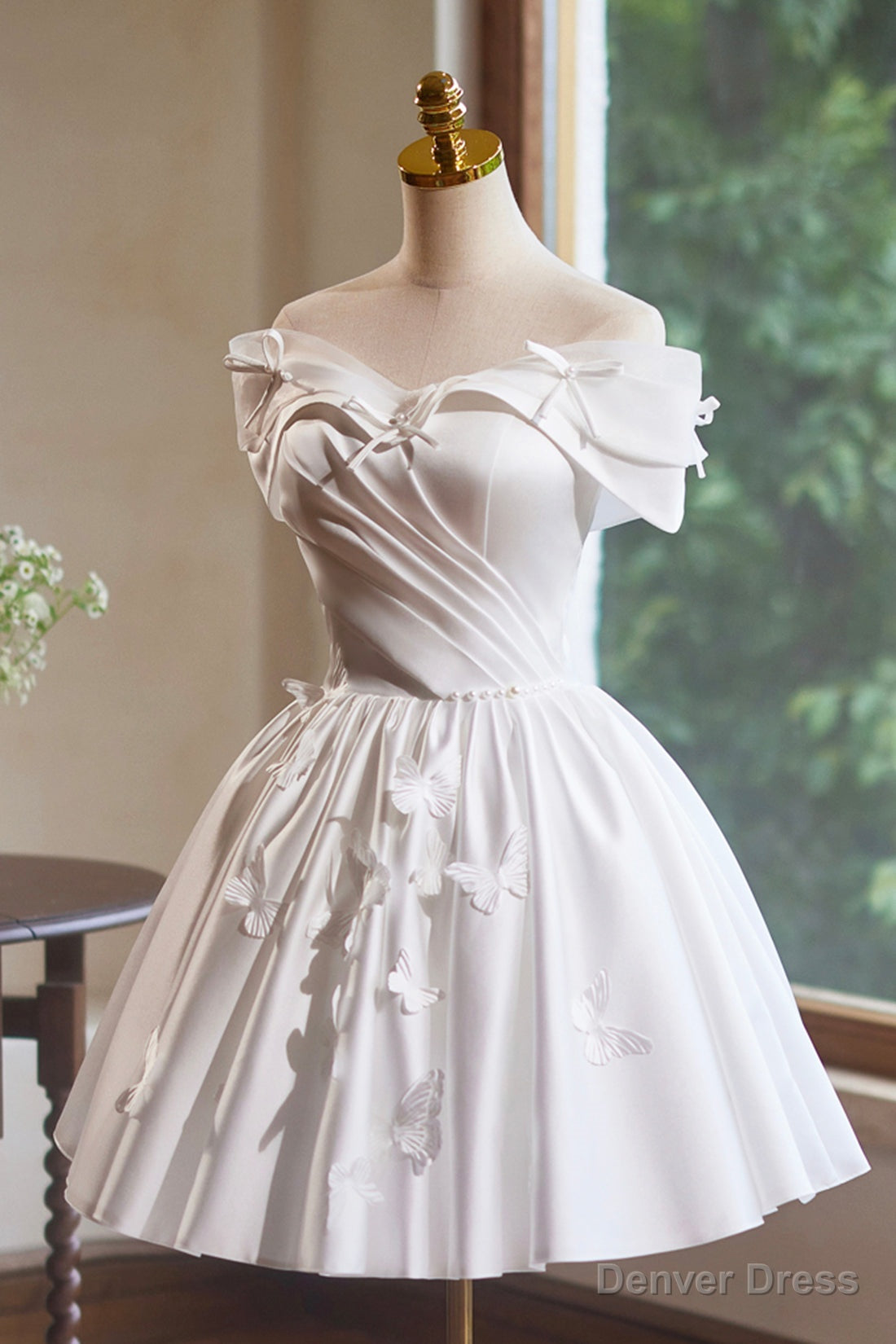 White Satin Knee Length Prom Dress, Off the Shoulder A Line Prom Dresses