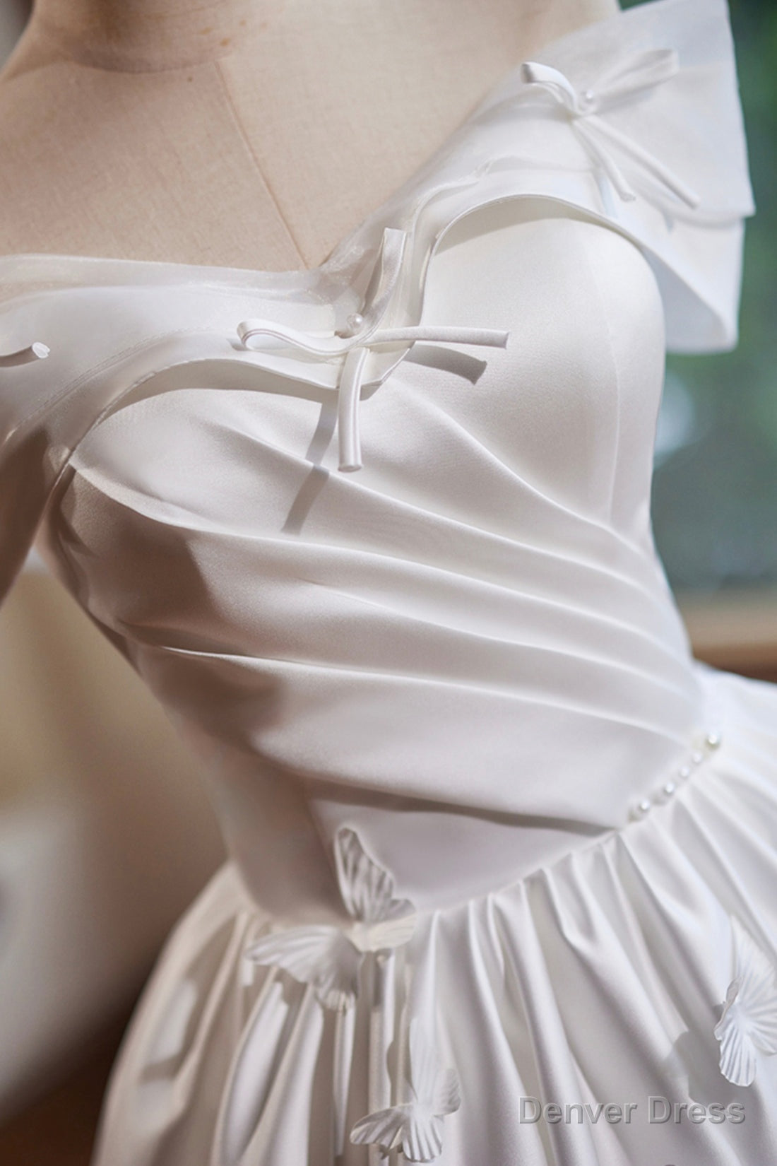 White Satin Knee Length Prom Dress, Off the Shoulder A Line Prom Dresses