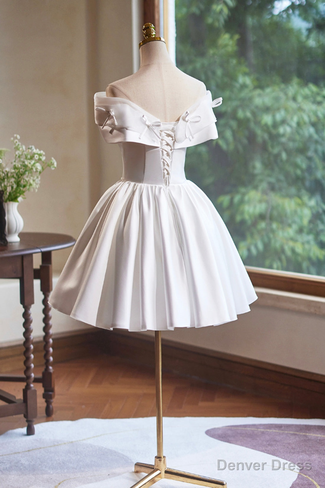 White Satin Knee Length Prom Dress, Off the Shoulder A Line Prom Dresses