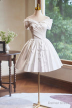 White Satin Knee Length Prom Dress, Off the Shoulder A Line Prom Dresses