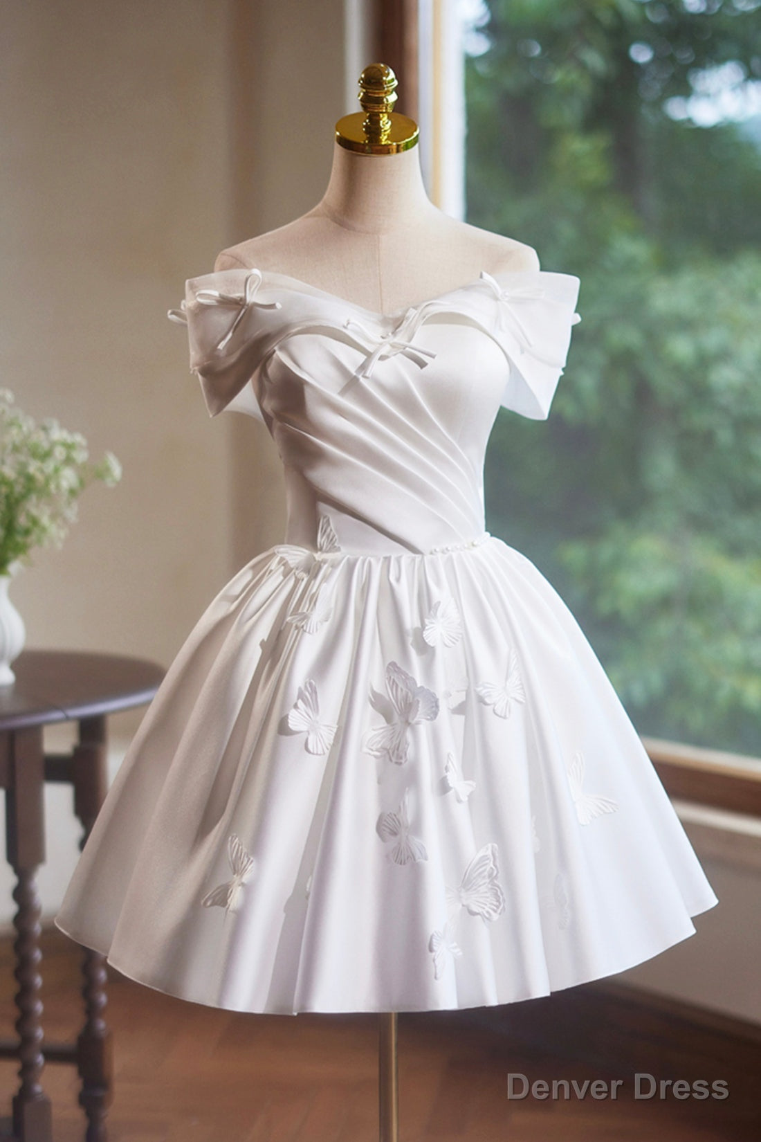 White Satin Knee Length Prom Dress, Off the Shoulder A Line Prom Dresses