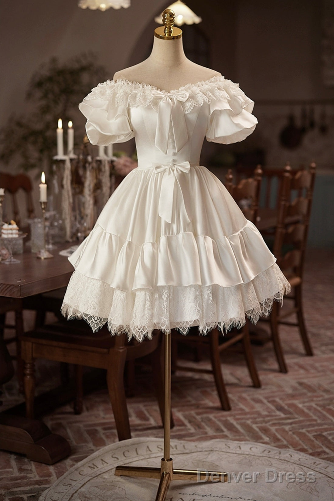 White Satin Lace A-Line Prom Dress, Lovely Off The Shoulder Evening Party Dress