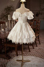 White Satin Lace A-Line Prom Dress, Lovely Off The Shoulder Evening Party Dress