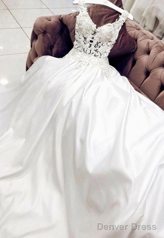 White Satin Lace Long Prom Dress, Wedding Dresses Main image