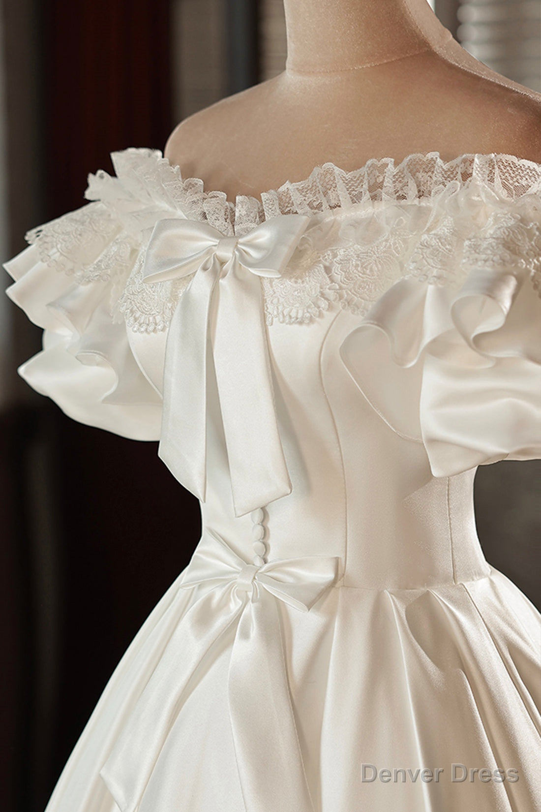 White Satin Lace Off Shoulder Prom Dress, White Prom Dress, Wedding Dresses