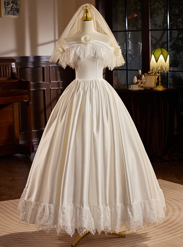 White Satin Off the Shoulder Lace Wedding Dress Main image