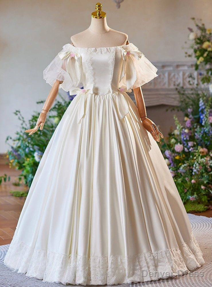 White Satin Lace Puff Sleeve Bow Off the Shoulder Wedding Dresses