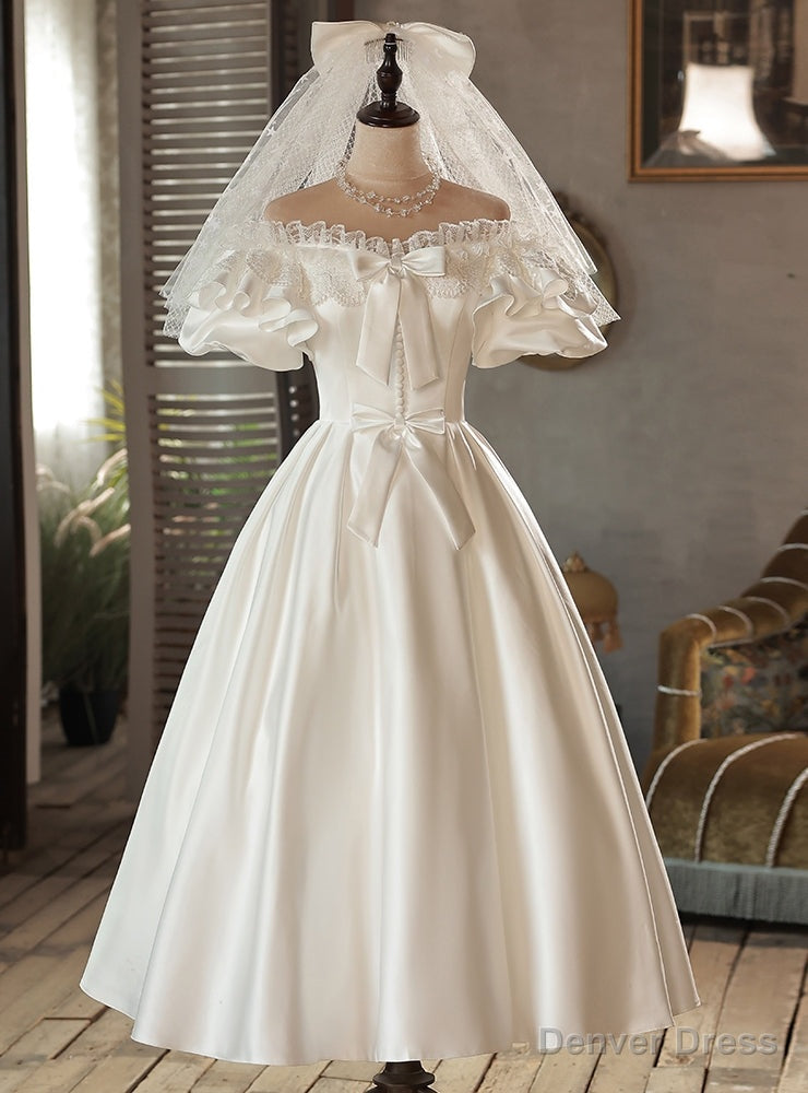 White Satin Lace Puff Sleeve Bow Wedding Dress Main image