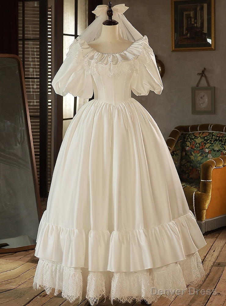 White Satin Lace Puff Sleeve Pearls Wedding Dress Main image