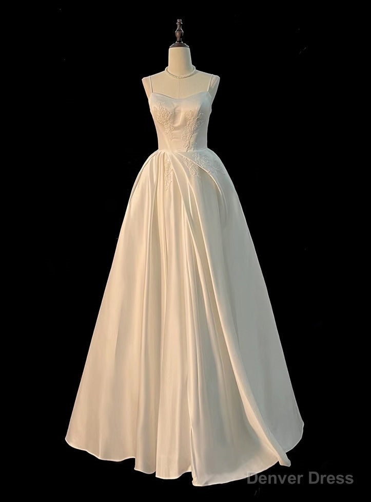 White Satin Lace Spaghetti Straps Wedding Dress Main image