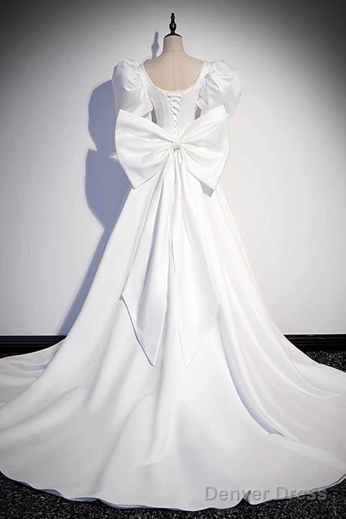 White Satin Long Prom Dress, Beautiful Short Sleeve Evening Dress With