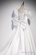 White Satin Long Prom Dress, Beautiful Short Sleeve Evening Dress With Bow
