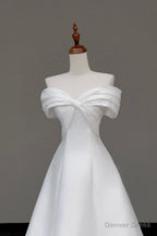 White Satin Long Prom Dress, Off the Shoulder A-Line Evening Party Dress