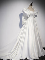 White  Satin Long Prom Dresses, White Long Evening Dresses