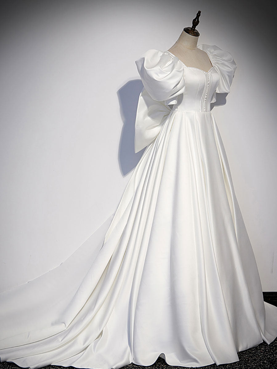 White  Satin Long Prom Dresses, White Long Evening Dresses