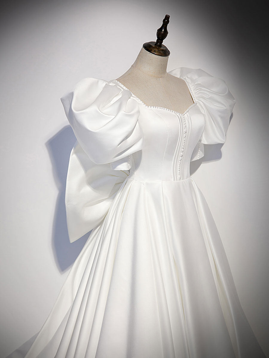 White  Satin Long Prom Dresses, White Long Evening Dresses