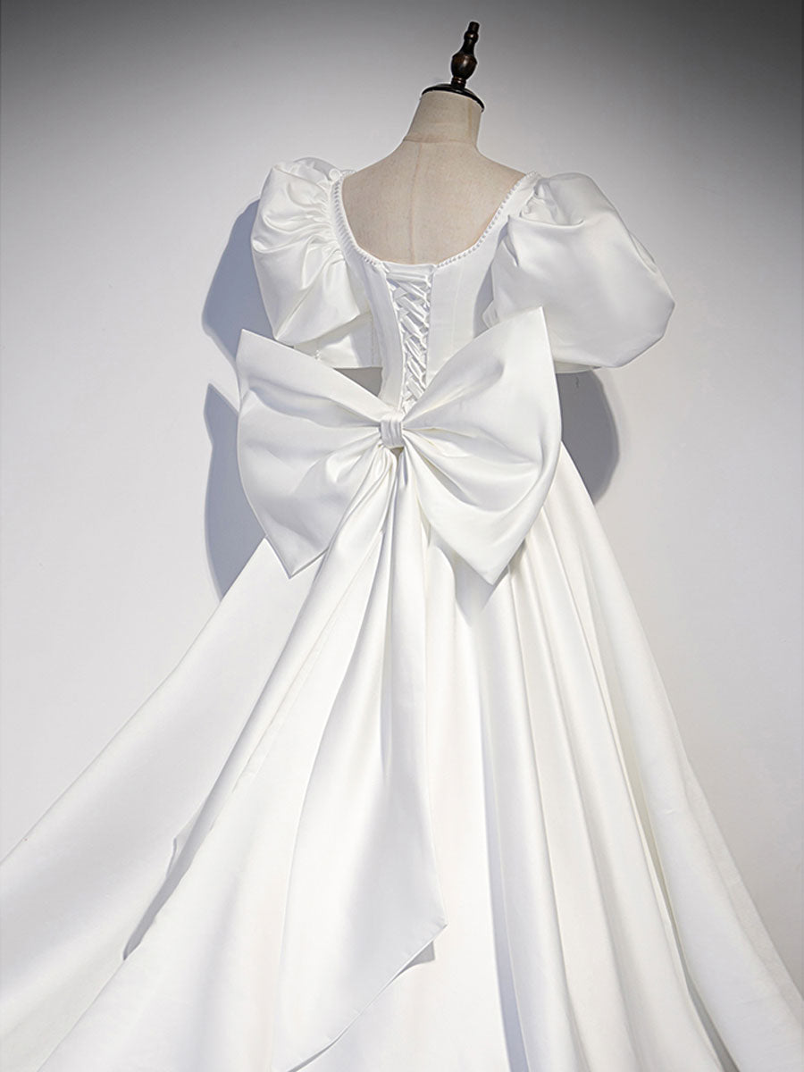 White  Satin Long Prom Dresses, White Long Evening Dresses