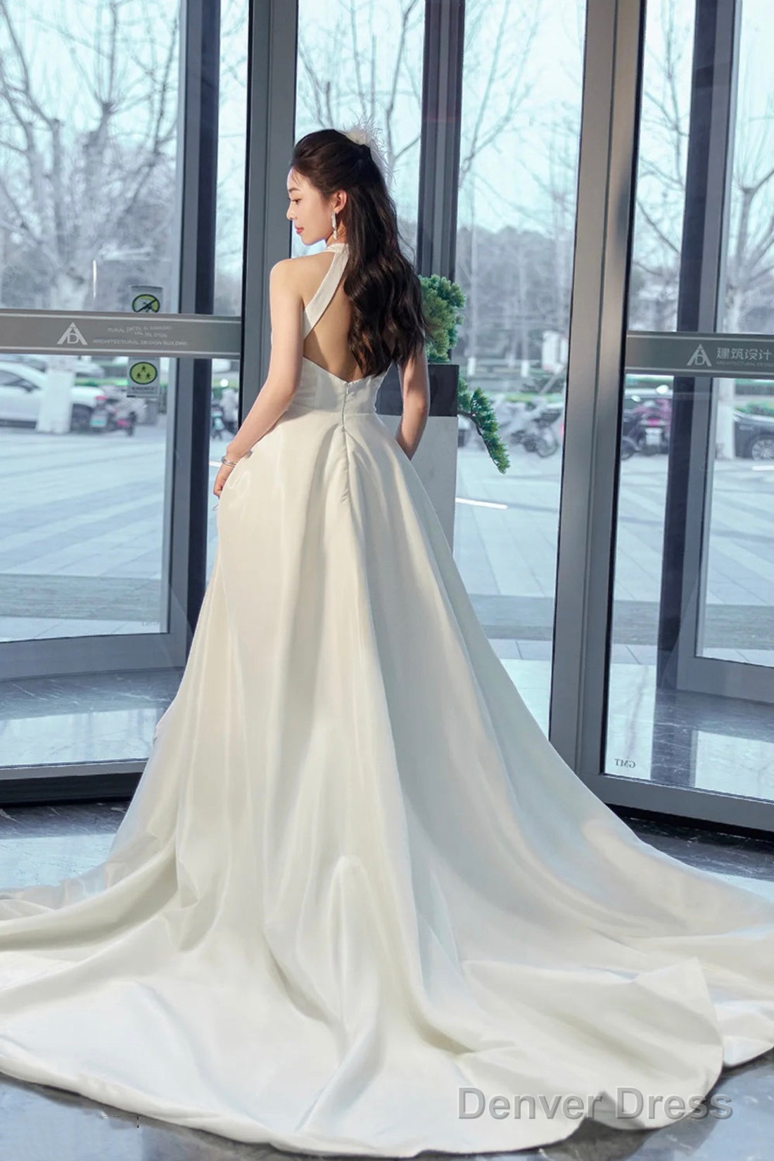 White Satin Long Prom Dress With Slit, Elegant A-Line Backless Evening Party Dress Secondary image