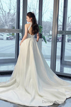 White Satin Long Prom Dress With Slit, Elegant A-Line Backless Evening Party Dress