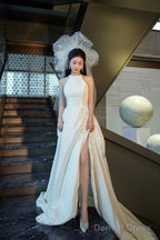White Satin Long Prom Dress With Slit, Elegant A-Line Backless Evening Party Dress