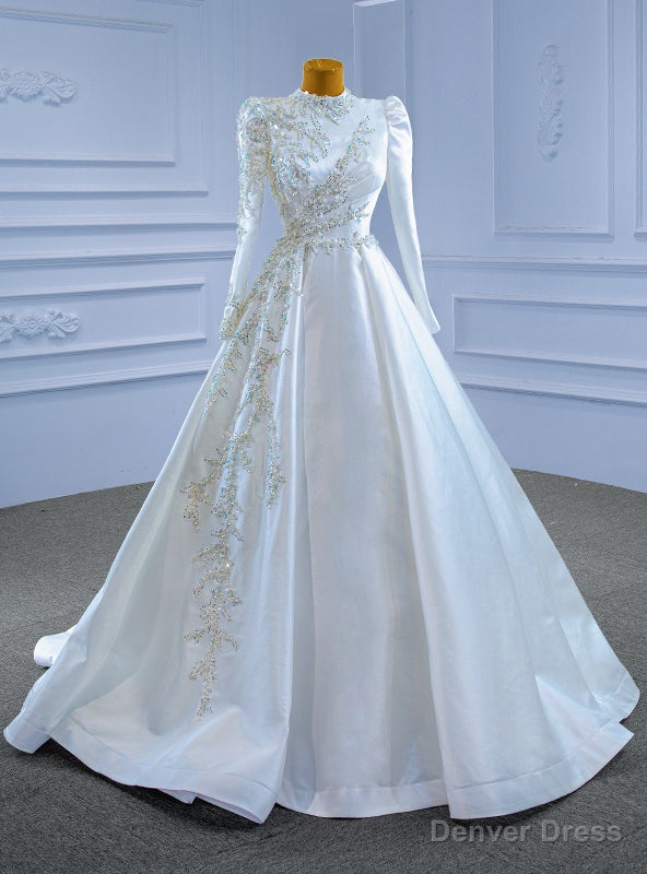 White Satin Long Sleeve High Neck Beading Wedding Dress Main image