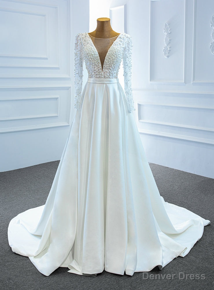 White Satin Long Sleeve Illusion V Neck Pearls Wedding Dresses