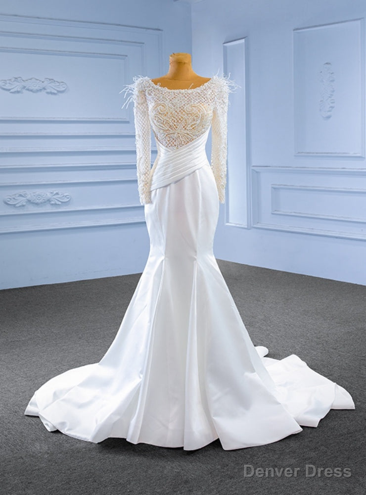 White Satin Long Sleeve Pearls Pleats Wedding Dresses