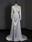 White Satin Long Sleeve Pleats Wedding Dresses