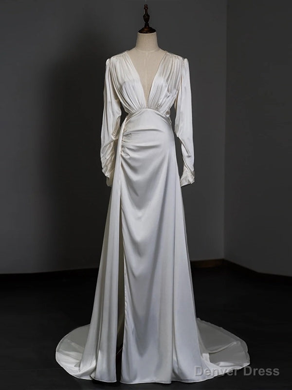 White Satin Long Sleeve Pleats Wedding Dress