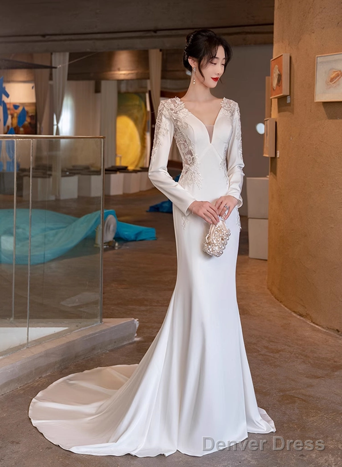 White Satin Mermaid Long Sleeves With Lace Wedding Party Dress, White Long Formal Dress Main image