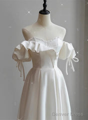 White Satin Off Shoulder Beaded Sweetheart Formal Dress, White Long Prom Dress