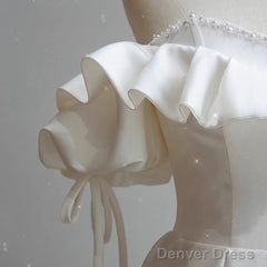 White Satin Off Shoulder Beaded Sweetheart Formal Dress, White Long Prom Dress