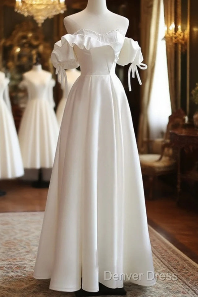 White Satin Off Shoulder Beaded Sweetheart Formal Dresses, White Long Prom Dresses