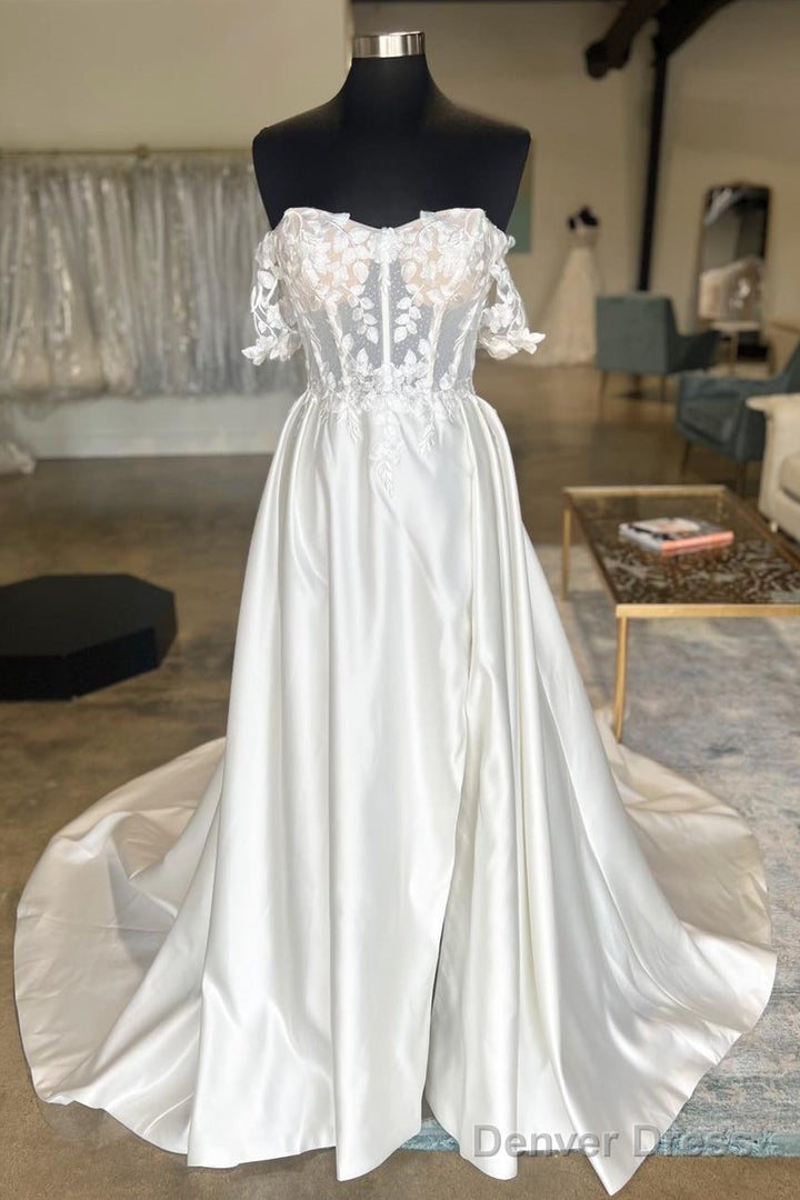 White Satin Off The Shoulder Appliques Long Wedding Dresses Beautiful