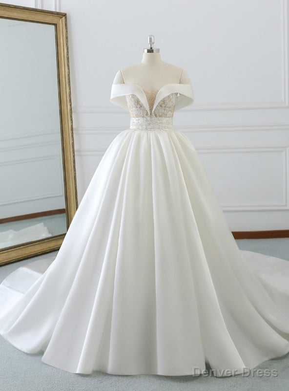 White Satin Off The Shoulder Appliques Wedding Dress With Beading Main image