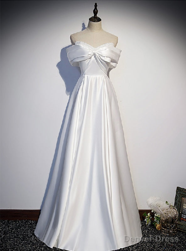 White Satin Off the Shoulder Beading Prom Dresses