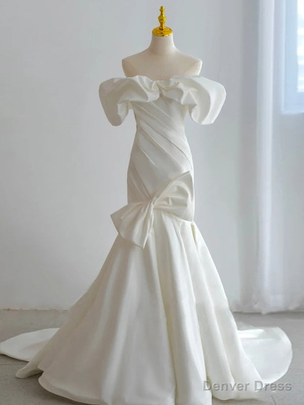 White Satin off the Shoulder Bow Pleats Wedding Dress Main image
