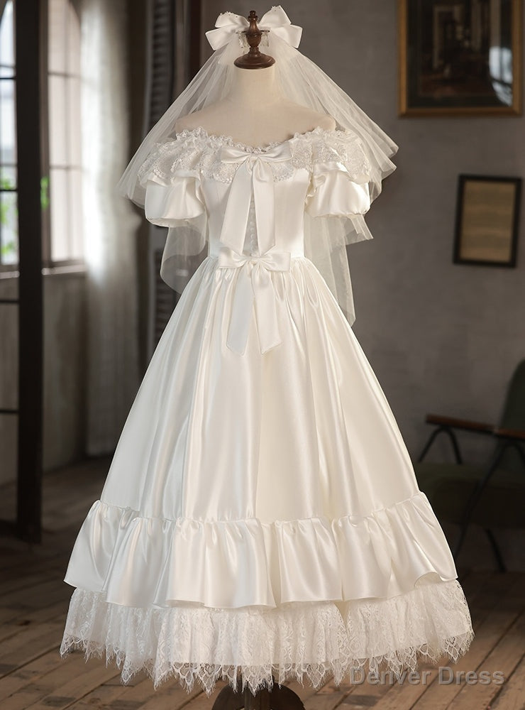 White Satin Off the Shoulder Bow Wedding Dress Main image