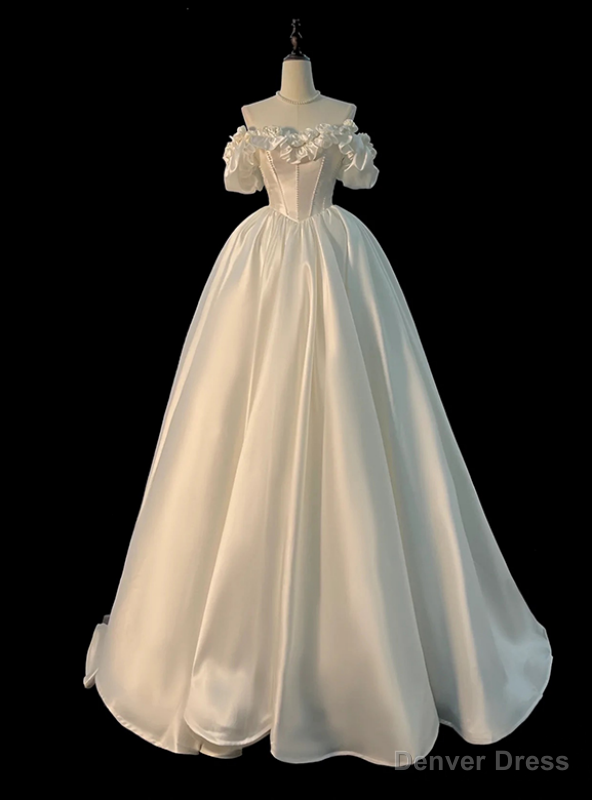 White Satin Off the Shoulder Hand Work Flower Wedding Dress Main image