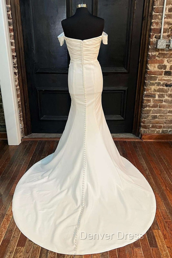 White Satin Off-The-Shoulder Mermaid Long Wedding Dresses Pure Color Secondary image