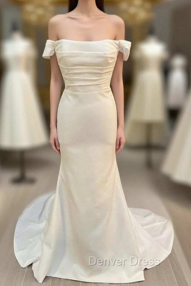 White Satin Off-The-Shoulder Mermaid Long Wedding Dresses Pure Color Main image